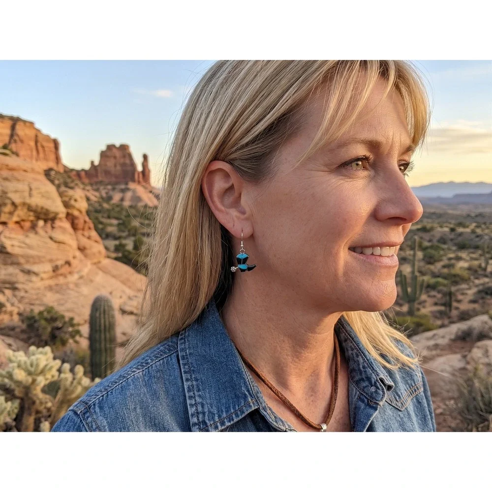 Zuni Silver Cowboy Boot Earrings Turquoise Inlay Western Dangle Signed K Quam **